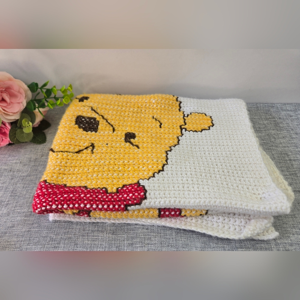 Winnie The Pooh Handmade Crochet Baby Blanket 38x27" Off White Monogrammed Livia